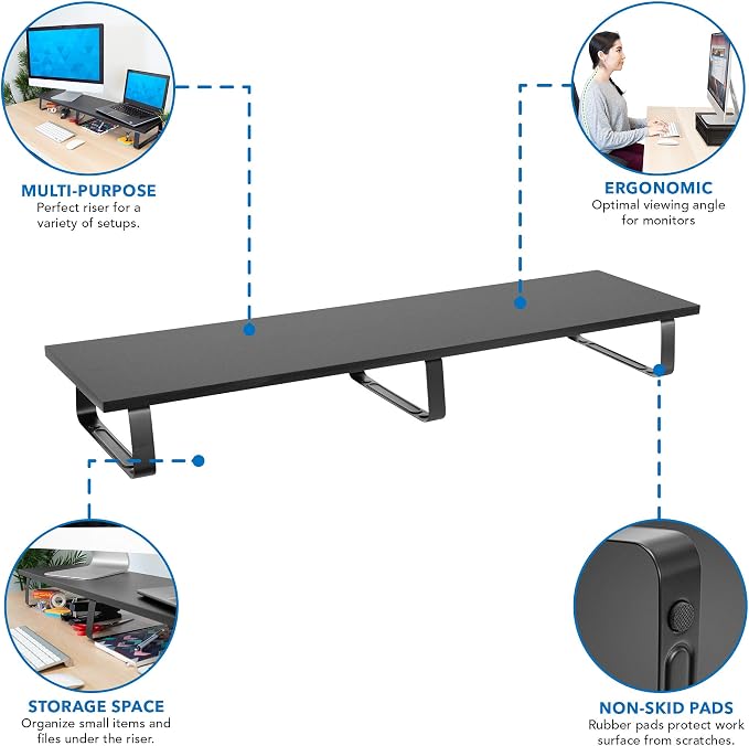 Mount-It! 39" Extra Long Dual Monitor Stand Riser – Ergonomic Desk Organizer for 2 Monitors, Laptop, TV, or Printer – Heavy-Duty Steel & Wood Desktop Shelf with Storage – Supports 44 Lbs – Black - Image 5