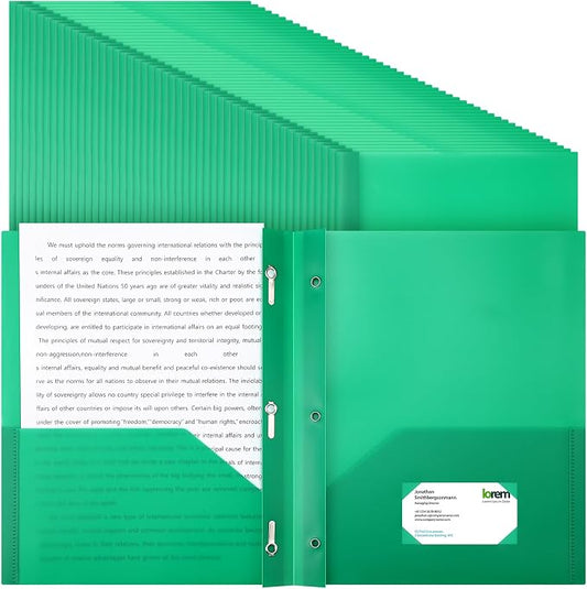 Cholemy 54 Packs Pocket Folders with Prongs Heavy Duty Plastic Folder with Business Card Slot 3 Prong Fasteners for School Office (Green) by Cholemy
