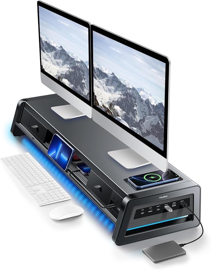 Vaydeer All-in-One Dual Monitor Stand Riser with 2 Drawers, 8USB Ports and Wireless Charging Pad with LED Light Strip for 2 Monitors , Desk Organizer for PC, iMac (Metal, 39.3 inches)-Black by Vaydeer