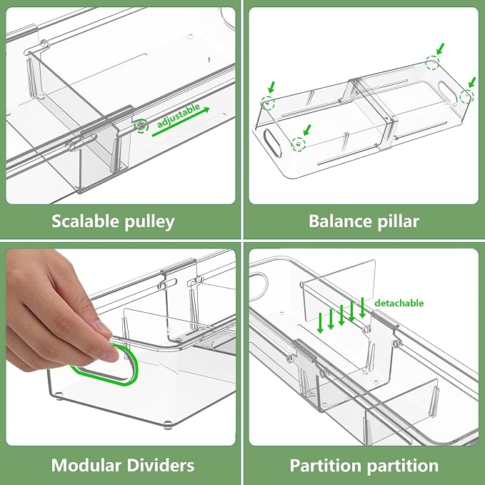 BLULEE 4-in-1 Expandable Drawer Organizer Set, Adjustable Clear Bins | with Dividers for Kitchen, Bathroom, Vanity & Office, Scalable Trays for Cosmetics, Utensils & Desk Accessories (4 Pcs) - Image 3