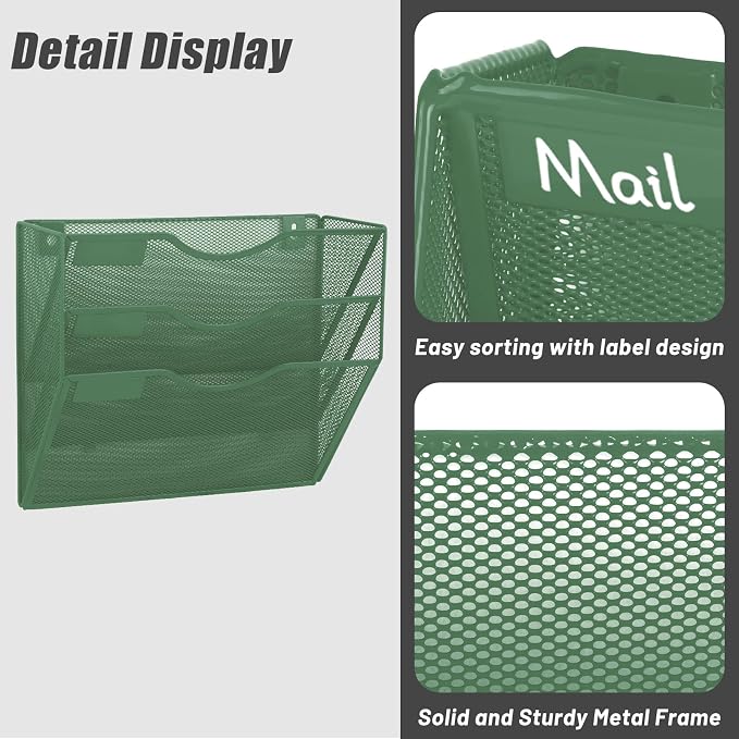 3 Pocket Mesh Hanging Wall File Organizer, Wall Mounted Mail Paper Document Folder Holder, Clipboard Storage Organization Magazine Rack with Nametag Label for Office Home School, Dark Green - Image 3