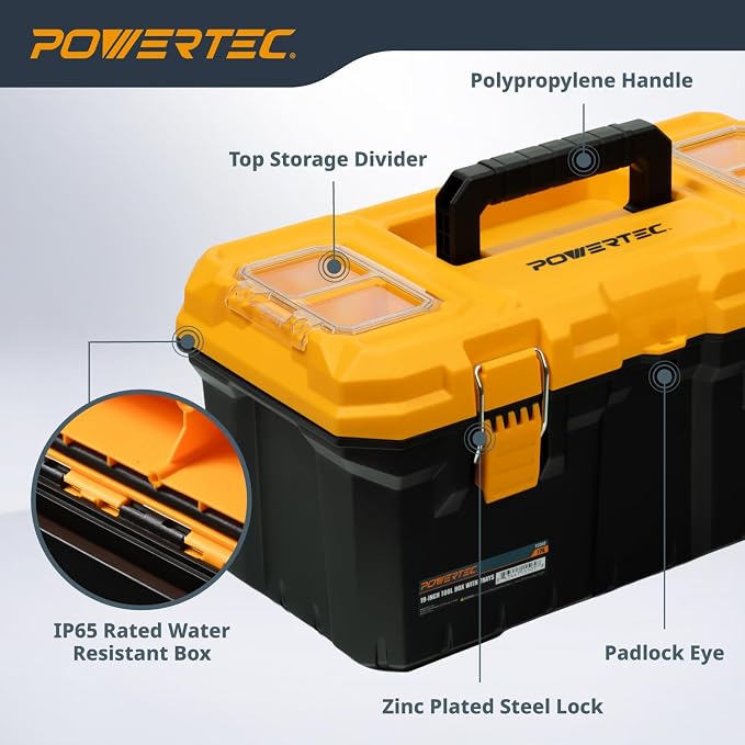 POWERTEC 19-Inch Tool Box with Trays - Lockable, Metal Latch, Organizer, Portable Storage for Tools, Small or Mid-Sized Parts (72362) - Image 3
