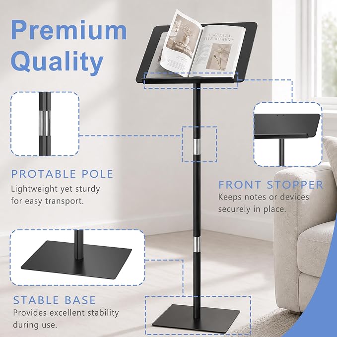 Podium Stand, Lecterns & Podiums, Acrylic Podium, Portable Podium Stand, Adjustable Angles with Metal Base, Podium for Classroom, Church, Weddings, Speech, 16" L x 12" W x 48" H, Black - Image 4