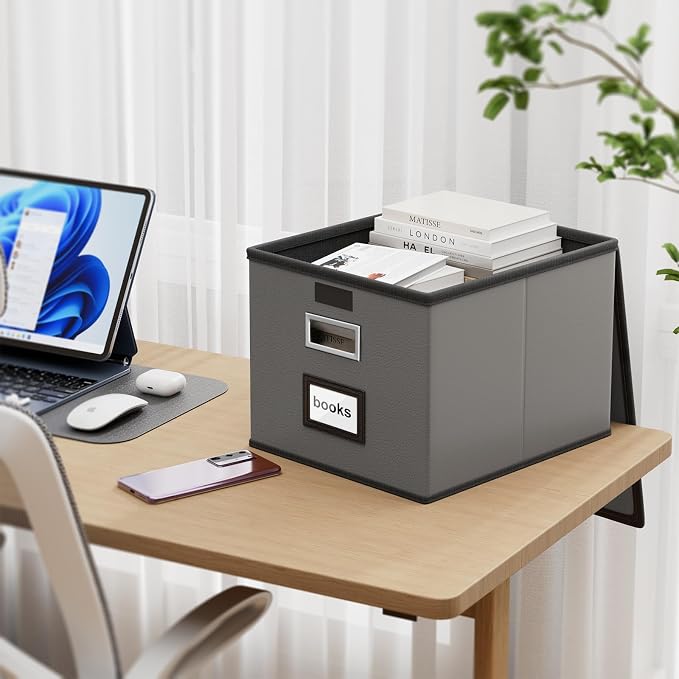File Organizer Box with Lids, Collapsible File Folder Organizer | File Box with Plastic Slides for Document, Filing Bin for Letter Size Hanging File Folders (1 Pack, Dark Gray, Leather) - Image 3