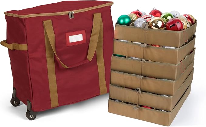Covermates Keepsakes Rolling Adjustable Ornament Storage Bag – Heavy-Duty Polyester, FlexGrid Trays & Padded Dividers – Protective Holiday Organizer with Wheels, Handles & ID Window, Red by Covermates