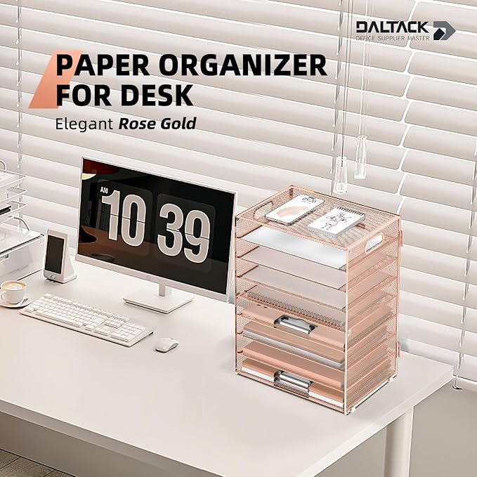 9-Tier Paper Organizer for Desk, Metal Letter Tray with Handles, Gold Rose | Desk File Organizer with Removable Trays for Sorting Files, Folders, Mail and Printer Paper at Home, School or Office - Image 2