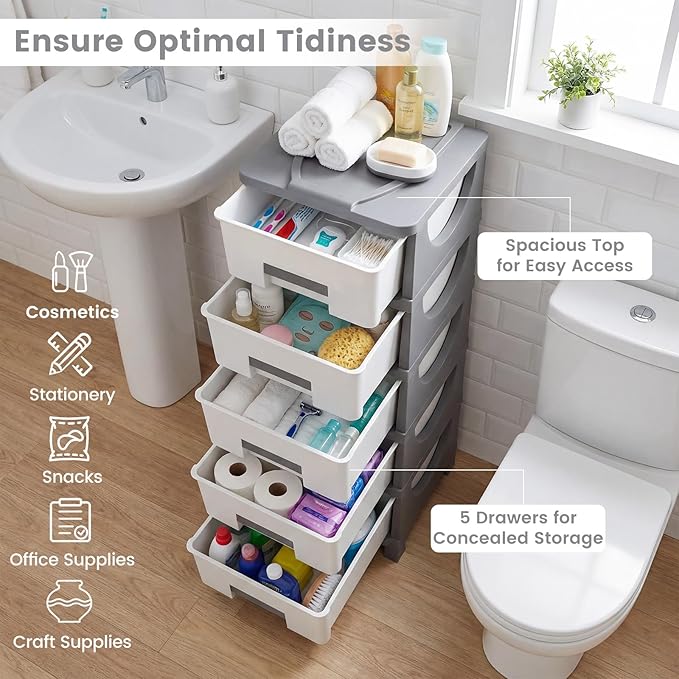 Giantex 2 Pack 5-Drawer Storage Organizer, Plastic Storage Tower with Drawers, Multi-Purpose Container Box for Office, Bathroom Living Room, White+Grey - Image 8