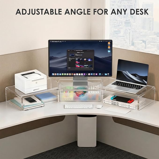Clear Acrylic Desk Organizers and Accessories, Dual Monitor Stand Riser with Drawer, Desk Shelf Computer Racks for Office Workspace Organizers, Desktop Organization (Transparent) - Image 5