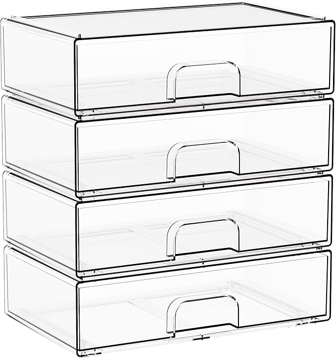 12.2''W Clear Stackable Storage Drawers,4 Pack Acrylic Drawers,Bathroom Organizer Bin and Plastic Makeup Organizer,Clear Stacking Brightroom Storage Boxes for Vanity,Cabinet,Pantry Organization - Image 9