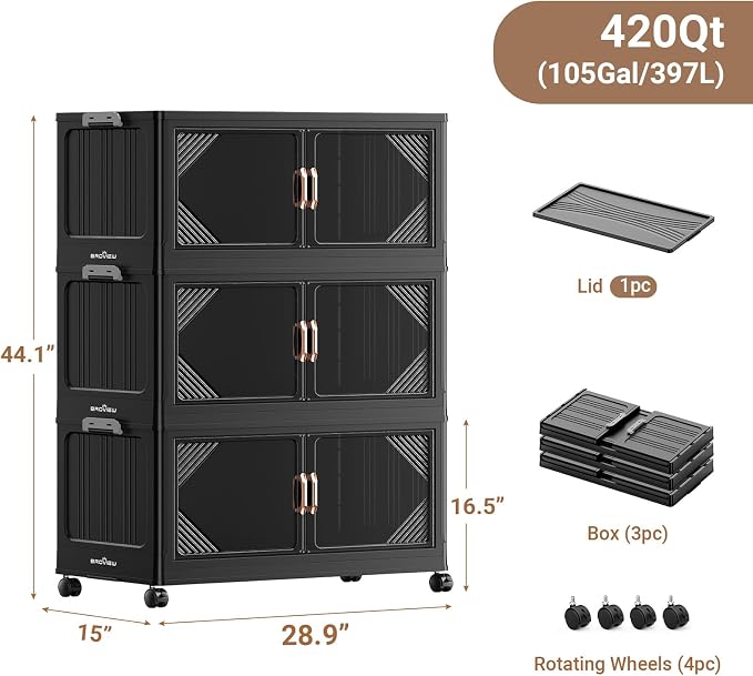 BROVIEW V60 420QT Plastic Stackable Storage Bins with Lid, 3Pack Black | 105Gal Extra Large Closet Organizers Collapsible Cabinets Boxes With Drawer, Foldable Container with 4x Wheels for Home - Image 2