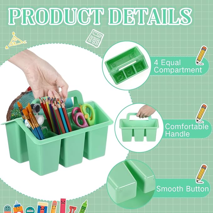 WILLBOND 12 Pcs Classroom Storage Caddies Stackable Utility Caddies with 4 Compartment Plastic Caddy with Handle Portable Storage Bins Organizers for Kids Schools Art Craft Supplies(Green) - Image 5