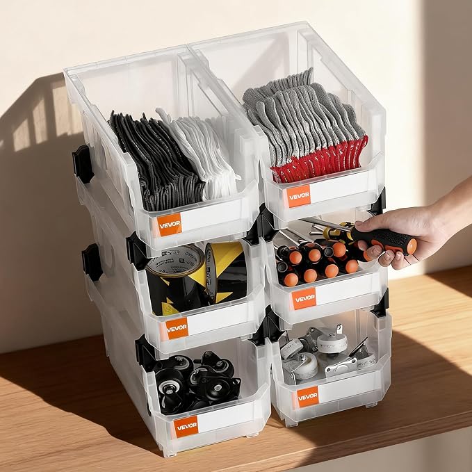 VEVOR Plastic Stackable Storage Bins, 14.8 x 8.5 x 7.1 inch (6 Pack), Plastic Containers for Organizing & Storage Bins for Closet, Garage, Small Parts, Office Supplies, Other Accessories, Transparent - Image 8