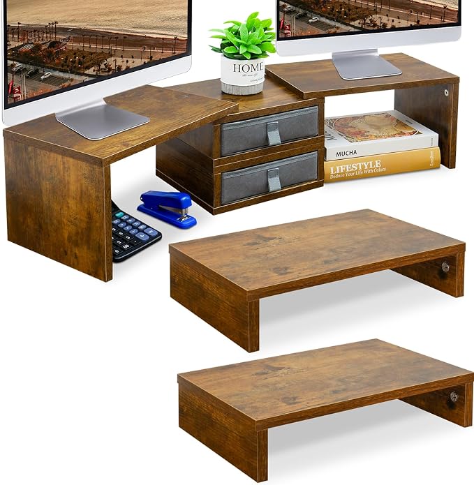 TEAMIX 2 Pack and 2 Drawers Rustic Brown Wood Monitor Stand Riser for 2 Monitors/Laptop/PC, Wood Screen/TV Stand Desk Organizer. by TEAMIX