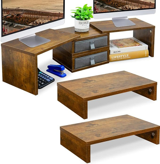 TEAMIX 2 Pack and 2 Drawers Rustic Brown Wood Monitor Stand Riser for 2 Monitors/Laptop/PC, Wood Screen/TV Stand Desk Organizer. by TEAMIX