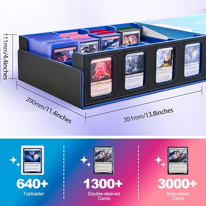 UAONO Trading Card Storage Box with Commander Display, Black Blue | 2400+ Deck Box for MTG with Removable Cover, Top Loaders Card Case Fits Magic TCG PTCG Sports Cards, 24 Dividers, 4 Stoppers - Image 4
