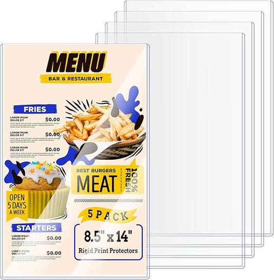 AKONEGE 5PCS Menu Covers 8.5" x 14" Rigid Print Protectors Clear Plastic Page Sheet Protectors for Legal Size Paper, Top Loading Hard Plastic Paper Sleeves for Poster Document Photo Birth Certificate by AKONEGE