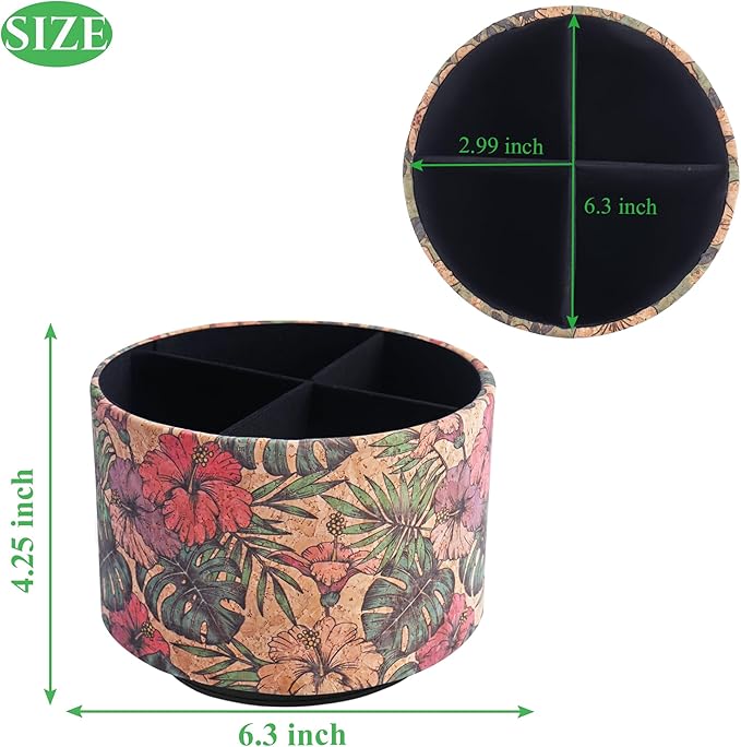 Round Leather Art Supply Organizer,Remote Control Holder,360 Degree Spinning,Multi-Functional Pencil Holder,4 Compartments Desktop Stationary Organizer(1-Wood Leather Banana)