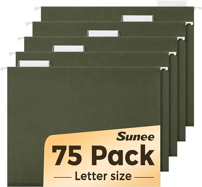 SUNEE Hanging File Folders, 75 Pack Reinforced Hang Folders Letter Size, Adjustable 1/5-Cut Tabs, Designed for Bulky Files, Filing Cabinet, Standard Green by SUNEE