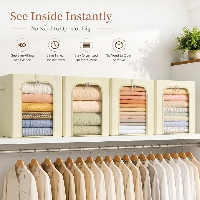 GoMaihe Clothes Storage Bins with Metal Frame for Closet, 40L 4-Pack Beige | Sweaters Hoodies Jeans T-Shirt, Closet Top Shelf Organizer, Collapse-Proof Stackable, Clear Window, Dual Access Space Saving - Image 6