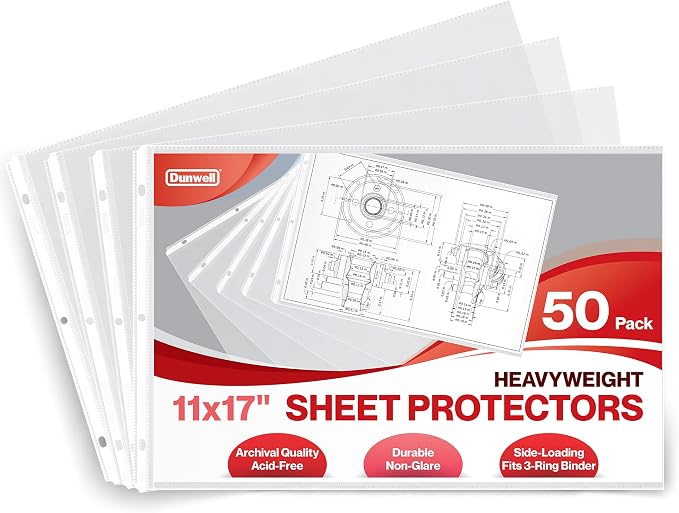 Dunwell 11x17 Sheet Protectors, Clear Archival Sleeves, 50 Pack | Ledger Size Plastic Sleeves, 3-Hole Punched, Fits 3-Ring Binders, Heavyweight Oversized Pages by Dunwell