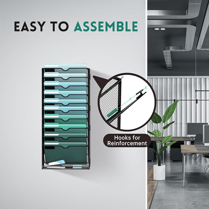 11-Tier Wall File Organizer, Hanging File Holder, Wall Mounted Mail Sorter | Metal Mesh Hanging File Organizer with Open Compartments and Label Panels for Papers and Folders at Home, Office or School - Image 6