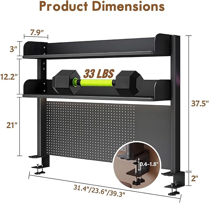 Clamp On Desk Pegboard Shelf - Metal Desktop Organizer Hutch with 2 Shelves | Storage and Display, Desk Add-On Shelf for Office, Dorm Room, Bedroom, Black, 39.3In - Image 3