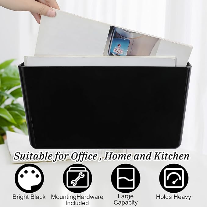 Tenceur 12 Pcs Plastic Single Pocket Wall Mount File Holder with Double Sided Adhesive Tape and Screws Wall File Hanging Folder Letter Paper Mail Organizer for Office Home Classroom(Black) - Image 3