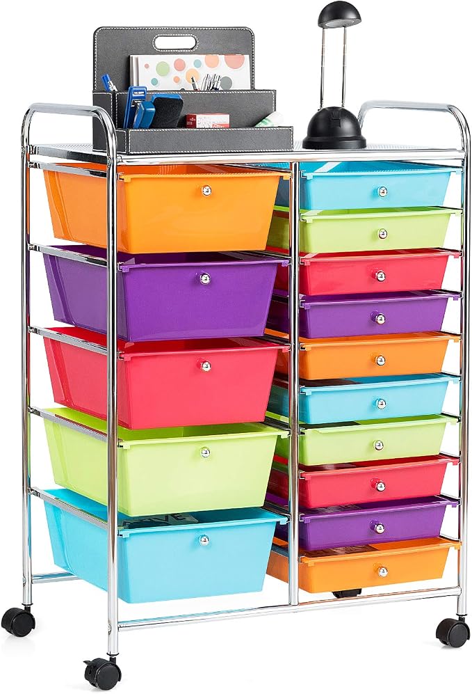 Moccha 15-Drawer Rolling Storage Cart - Under Desk Storage Drawers with wheels for Craft Art Supply Paper Salon, Scrapbook Paper Tools, Mobile Utility Cart for Classroom (15 Drawers, Multicolor) by LDAILY