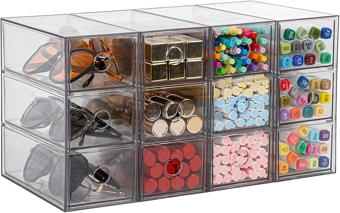 Clear Desk Drawers Organizer, 4 Pack, 12 Drawers, Plastic | For Home Office Supplies, Marker Pen, Art Crafts, Crayons, Coffee Pods, Makeup, For Bathroom, Kitchen, Pantry, Coffee Bar - Image 3