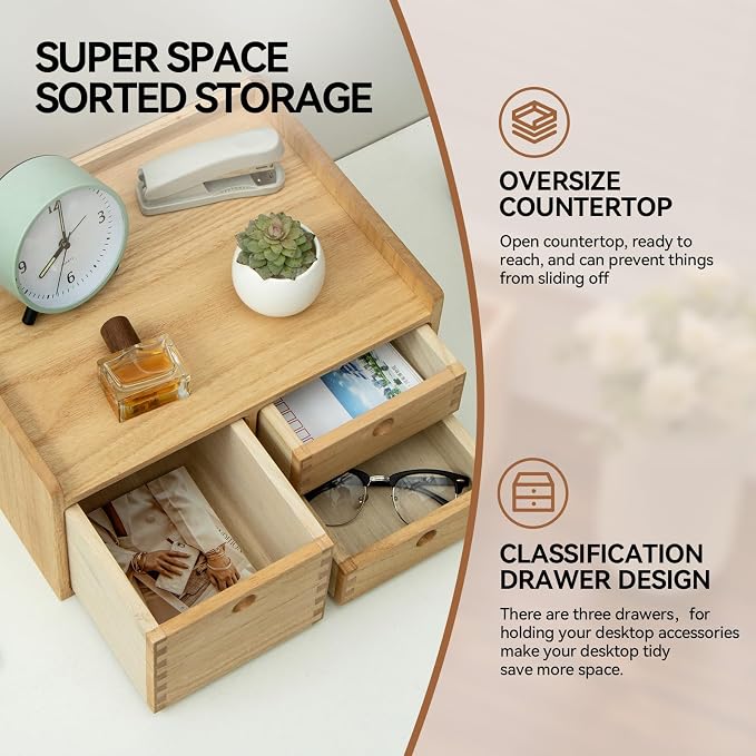 KIRIGEN Wooden Desk Organizer with 3 Drawers and Top Tray Natural DT1D3C-NA | 3-Drawer Cabinet with Top Tray Stores Office Supplies, Toiletries, Tools, Crafts, and Small Accessories on Desks or Counters - Image 3