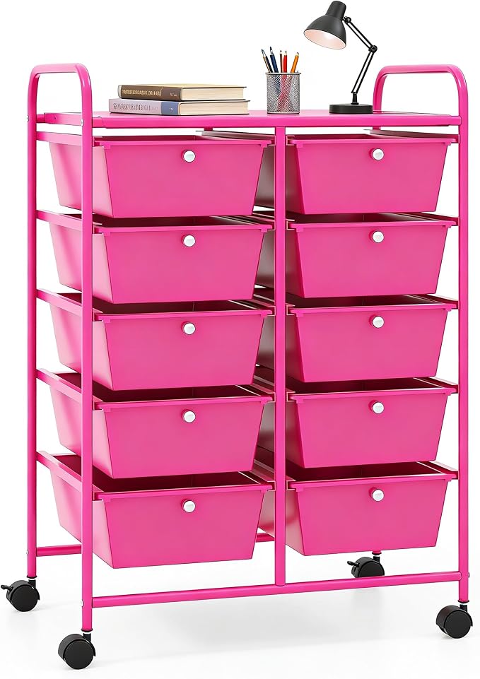 COSTWAY 10 Drawer Rolling Storage Cart, Utility Cart with Lockable Wheels | Mobile Art Supply Craft Organizer with Metal Frame, Multipurpose Drawer Cart for Paper for Office, School, Hot Pink by COSTWAY