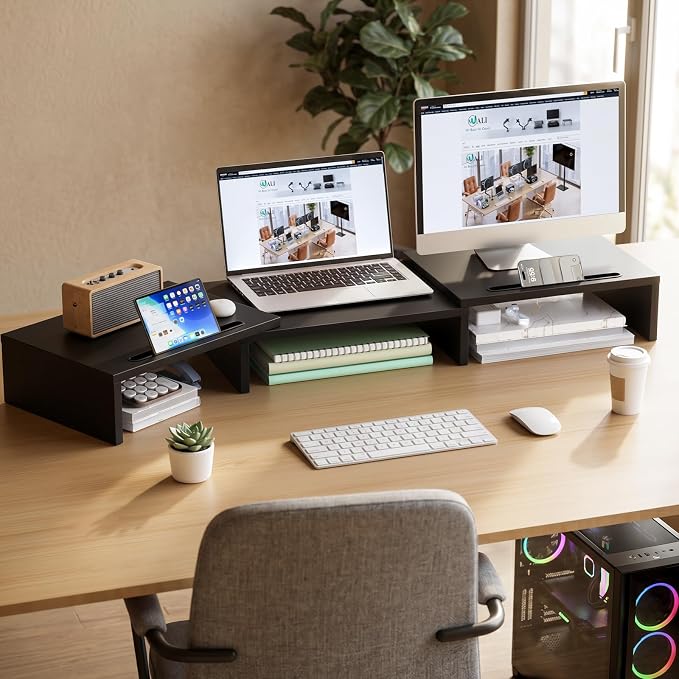 WALI Extra Long Wooden Dual Monitor Stand Riser with 2 Slots, up to 22lbs | Underneath Storage, Adjustable Length & Angle, Multi-Purpose Desktop Organizer Desk Shelf for Home Office PC, Laptop, Printer - Image 7