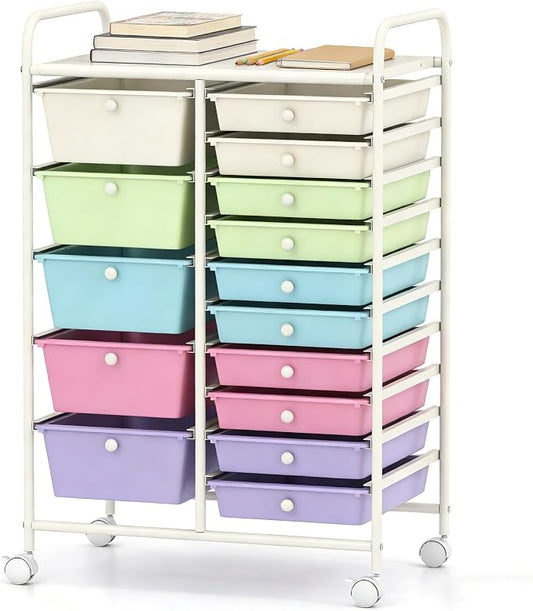COSTWAY 15 Drawer Rolling Storage Cart, Mobile Storage Organizer | Removable Drawers & Metal Frame, Multipurpose Utility Tools Paper Organizer on Wheels for Home, Office (Ice Cream Colorful) by COSTWAY