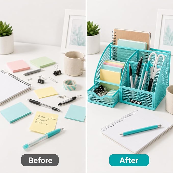 Exerz Desk Organizer 7 Compartments Metal Mesh Pen Holder Turquoise | Fresh Desktop Storage for Notes Clips Scissors Rulers Craft Tools Makeup Study Supplies and Home Use - Image 5