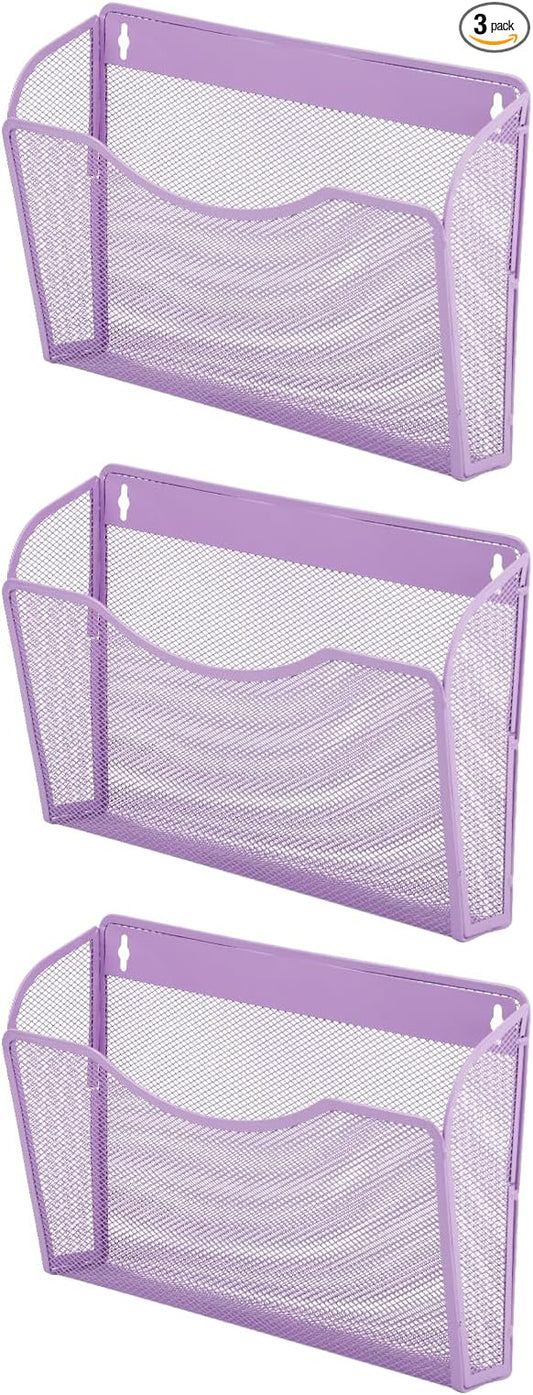 3 Single Pocket Mesh Hanging File Organizer, Vertical Wall Mounted Magazine File Holder, Mount Basket Mail Paper Document Folder Organizing for Office, Home and School, Light Purple by EASEPRES
