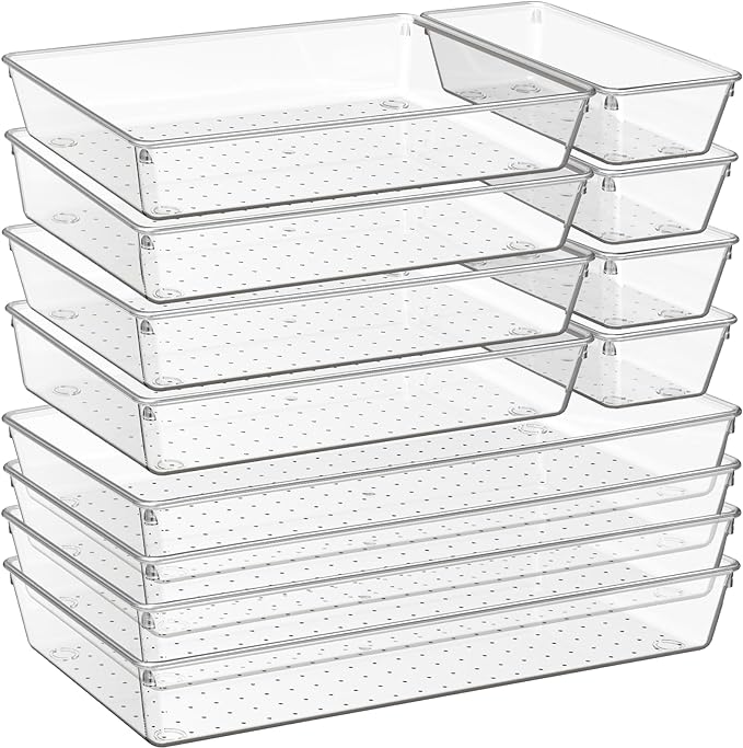 12 Pack Large Clear Plastic Drawer Organizer Trays | MULTI-USE Acrylic Drawer Storage for Kitchen, Bathroom, Makeup, Office, School, Undies | College Dorm Room, Home Apartment Essentials by Criusia