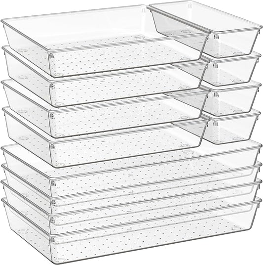 12 Pack Large Clear Plastic Drawer Organizer Trays | MULTI-USE Acrylic Drawer Storage for Kitchen, Bathroom, Makeup, Office, School, Undies | College Dorm Room, Home Apartment Essentials by Criusia