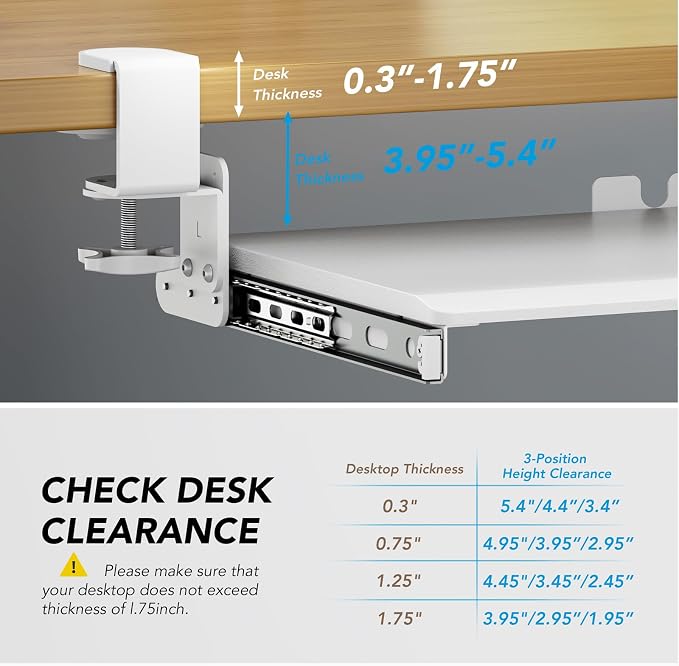 Keyboard Tray Under Desk Pull Out with Extra Sturdy C Clamp Mount System, 27.3 (32.5 inch Including Clamps) x 11 Inch Slide-Out Platform Computer Drawer for Typing White AX01WW01 - Image 4