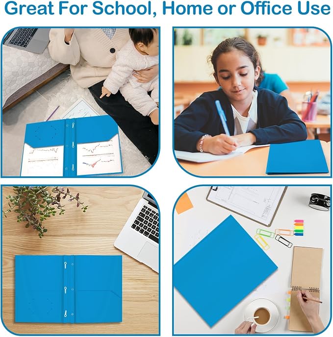ViVin 12 Pack Plastic Folders with Pockets and Prongs, Heavy Duty 2 Pocket Folders with 3-Prong Fasteners, Poly File Holds 8-1/2" x 11" Paper for School Office Home (Sky Blue) - Image 5