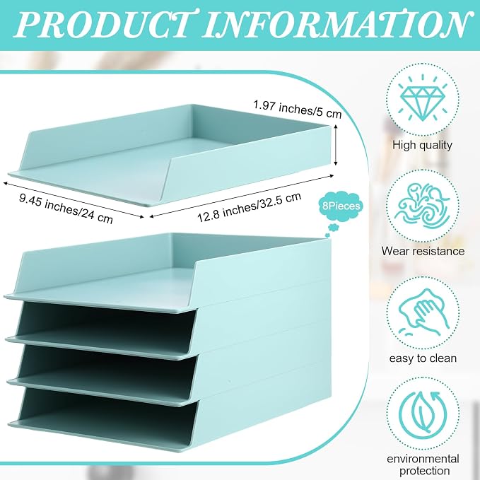 Tatuo 8 Pack Stackable Paper Trays Plastic Letter Tray Desk Organizer Paper Holder Organizer Storage Office Desk Accessories for Classroom Magazine File Documents 12.8 x 9.45 x 1.97, Blue Green - Image 2