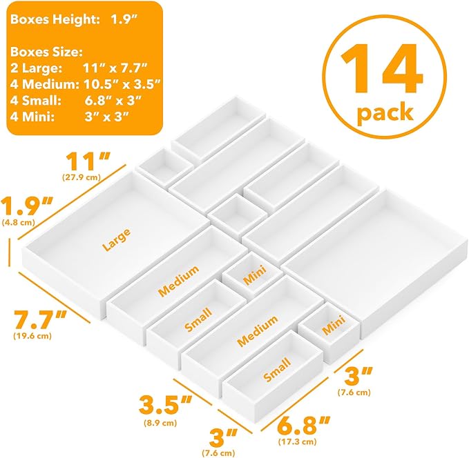 SpaceAid 14-Piece Bamboo Drawer Organizer Storage Boxes Set, Wood Tray Junk Drawer Organizers Multi-Use Divider Bins for Kitchen, Bathroom, Office Desk and Makeup Organization (14 Pack, White) - Image 3