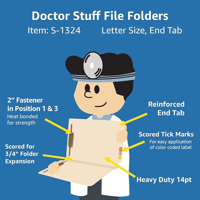 Medical File Folders with 2 Fasteners, Doctor Stuff, Letter Size, Reinforced End Tab Folders with 2” Bonded Fastener on Inside Front and Back, 14 pt Manila Stock, Carton of 250 - Image 2