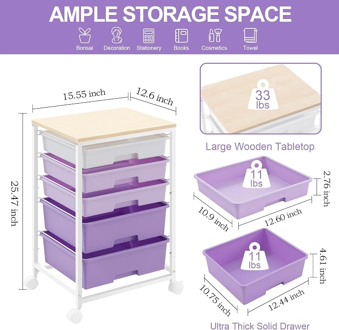 SYKIARIOL Utility Cart with 5 Drawers with Wooden Top,Purple | 5-Tiers Storage Cart with Drawers with Lockable Wheels for Craft Organizers and Storage,Home Office,Classroom,Dorm ,Playroom - Image 3