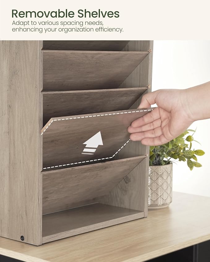 Wall File Organizer, 10-Tier Hanging Mail Organizer, Wall Mount File Holder with 4 Side Hooks, Industrial Mail and Storage Organizer, Wooden Vertical Hanging Holder for Office, Greige MWJ03FH - Image 4