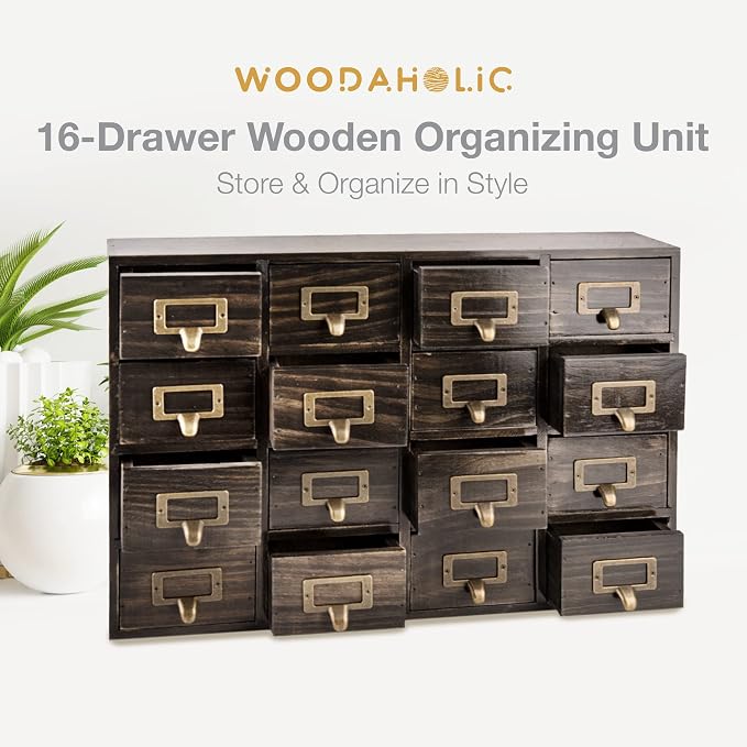 Dark Ash 16-Drawer Card Catalog Artisan Drawer Chest - 20"x3.6"x14" - Desktop Apothecary Crafted in Solid Wood, Curating Timeless Order - A 4-Tiered Storage with Label Holders & Handles for Your Table - Image 5
