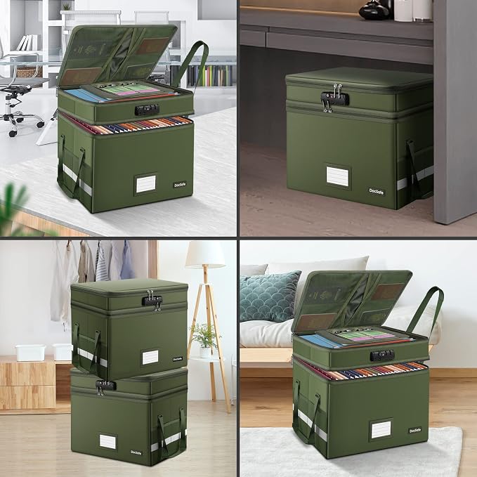 DocSafe File Box with Lock,Multi-Layer Fireproof Document Box Collapsible File Storage Organizer with Pockets/Handle,Portable Home Office Filing Cabinet for Hanging Letter/Legal Size Folders,Green - Image 2