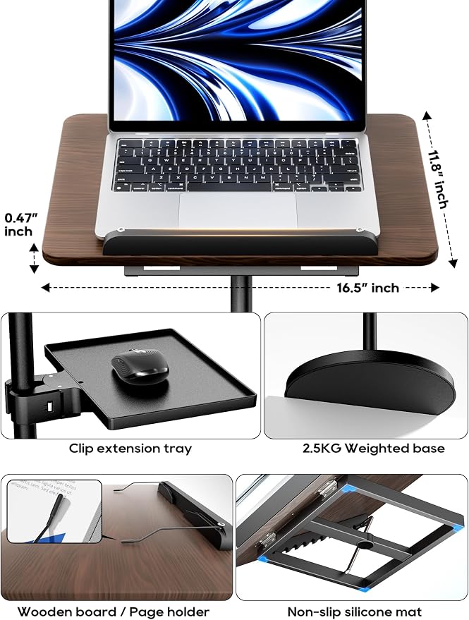 2 in 1 Adjustable Book Stand - Dual-Use Floor and Desktop Book Holder Stand, Height Adjustable 23.5-52 in, Elastic Page Clips for Music Sheet, Recipe, Tablet, Laptop-Black - Image 8