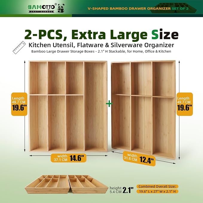 BAMOTTO CRAFTBAMBOO 13 Slot V-Shaped Bamboo Drawer Organizer Set of 2 | Cutlery Tray | Silverware & Flatware Organizer | Utensil | Kitchen & Bathroom | Extra Large 19.6"×14.6" & 19.6"×12.4" - Image 2