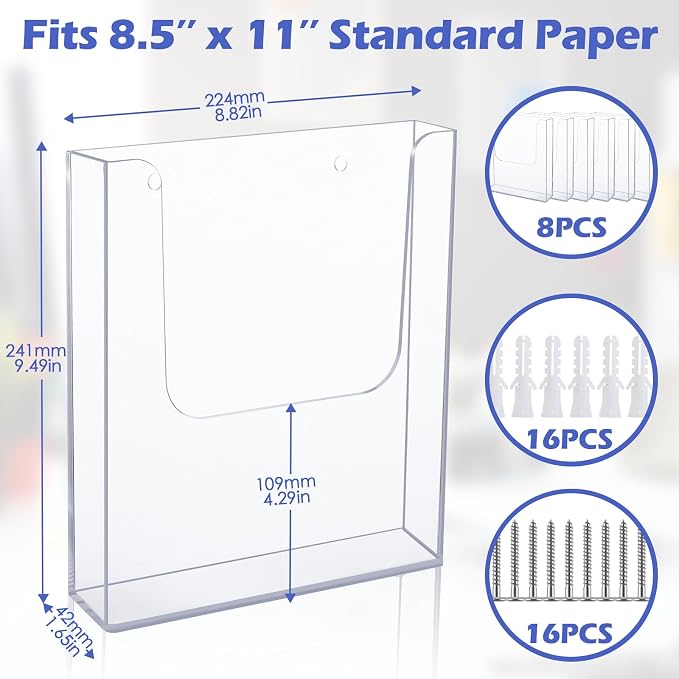 Ripeng 8 Pack Brochure Holder Wall Mount 8.5 x 11 Inch Clear Flyer Stand Acrylic Magazine Booklet Display Stand Plastic File Mail Literature Pamphlet Holder for Paper Organizer Rack Display - Image 2