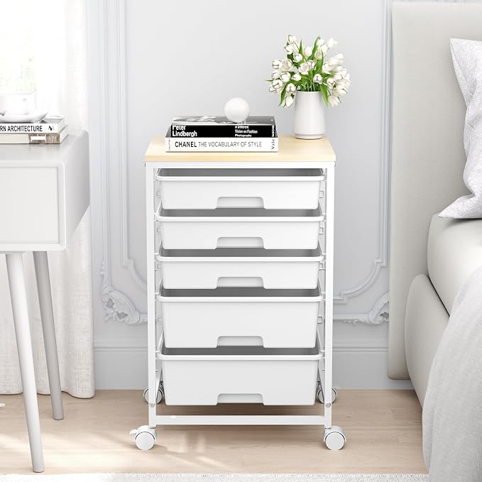 SYKIARIOL Rolling Cart with Drawers, 5 Drawers Utility Cart, Bright White | 5-Tiers Storage Cart with Drawers with Wooden Top for Craft Organizers and Storage,Home Office,Classroom,Dorm - Image 2